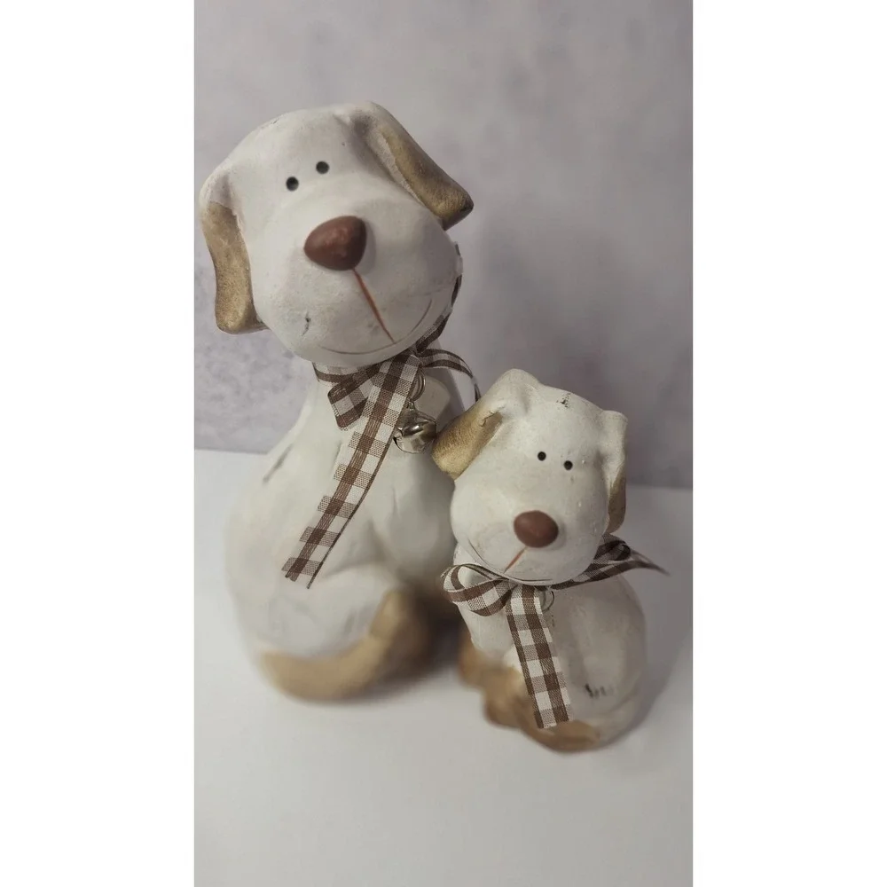 Ceramic Dog Figurine Set Decorative Home Decor Parent and Child Dogs with Ribbon